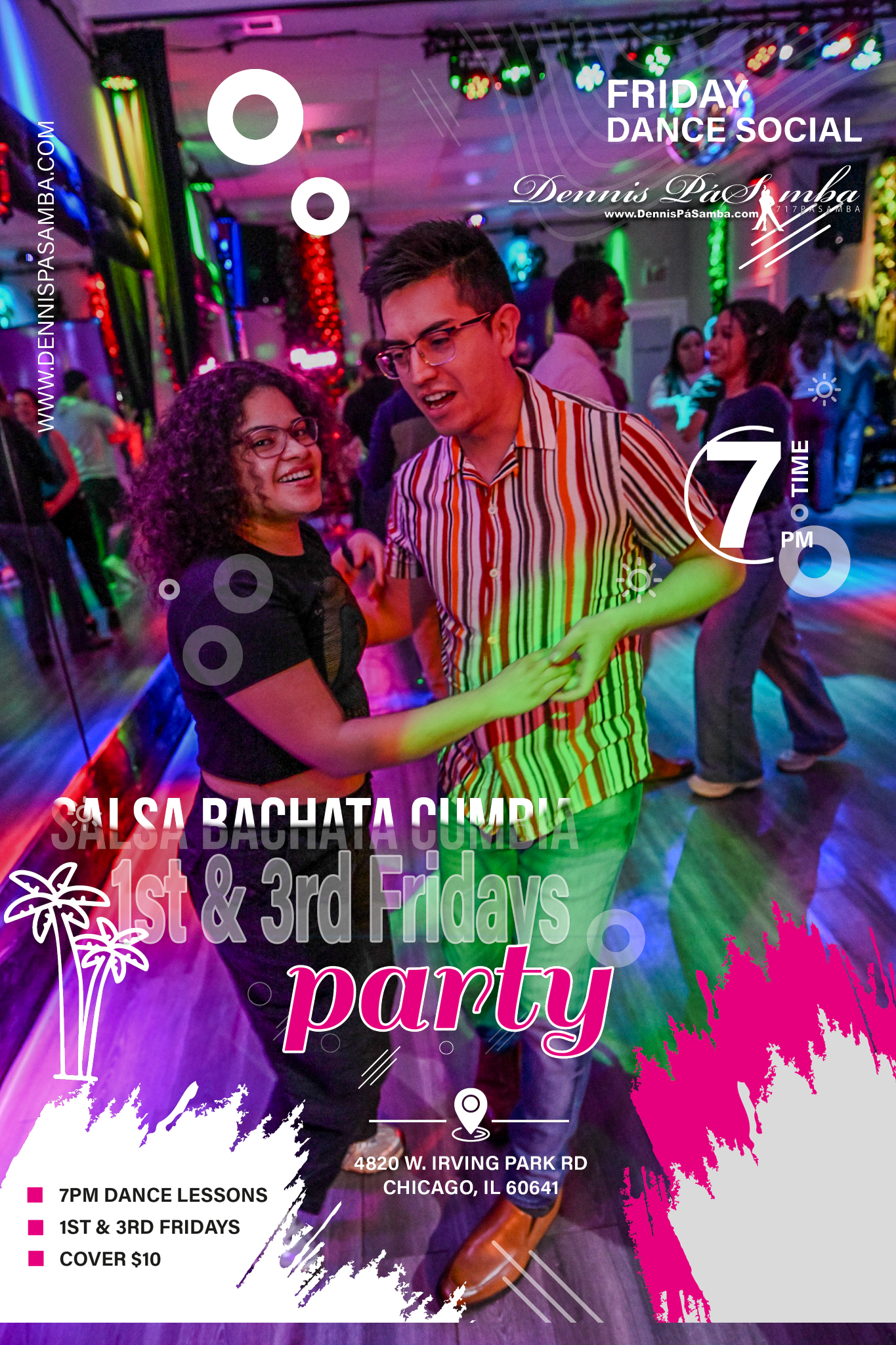 A man and woman dance energetically at a lively salsa, bachata, and cumbia party. Colorful lights and people fill the vibrant room. Event details for a Friday dance social in Chicago overlay the image.
